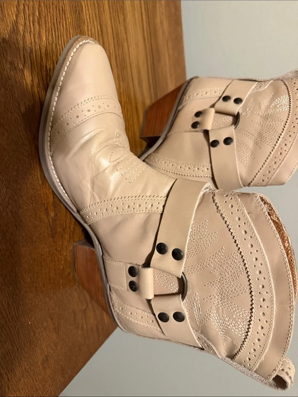 dingo Cream Western Ankle Booties with Stacked Wood Heel